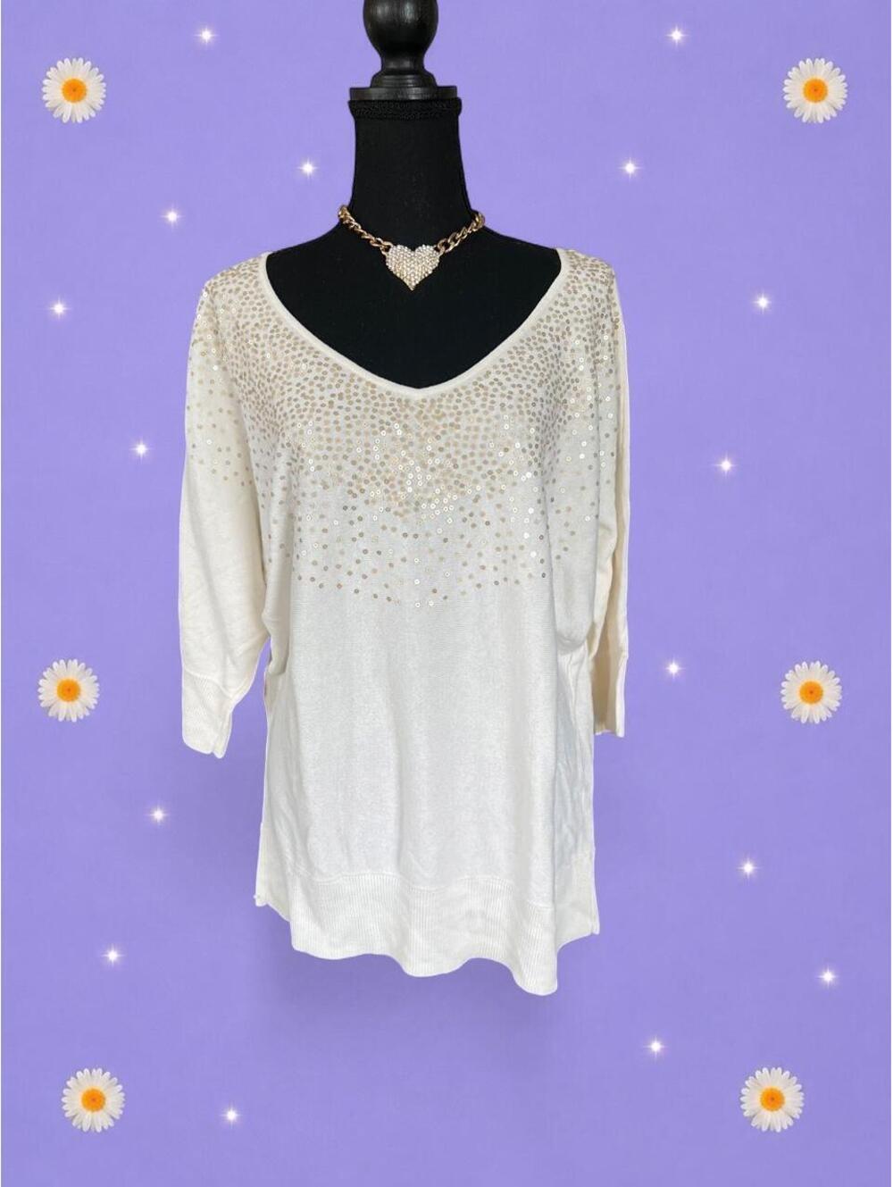 Vintage Y2K ELLE Gold Sequin Embellished Knit Sweater Top size Large
